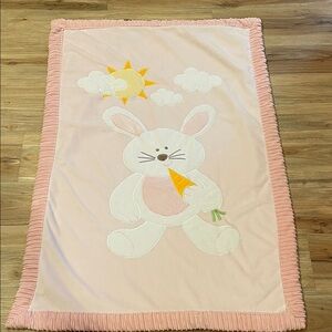 Little Miracles Pink Bunny Blanket with Carrot Design and Pink Ribbed Trim